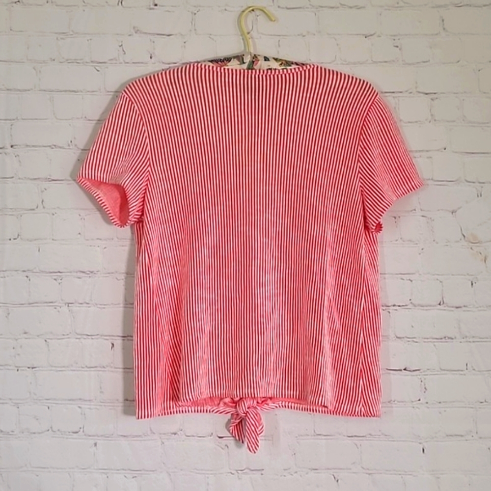W5 Red & White Stripe Wood Button Front Tie Rockabilly Tee Tshirt Womens Size M - Picture 14 of 16